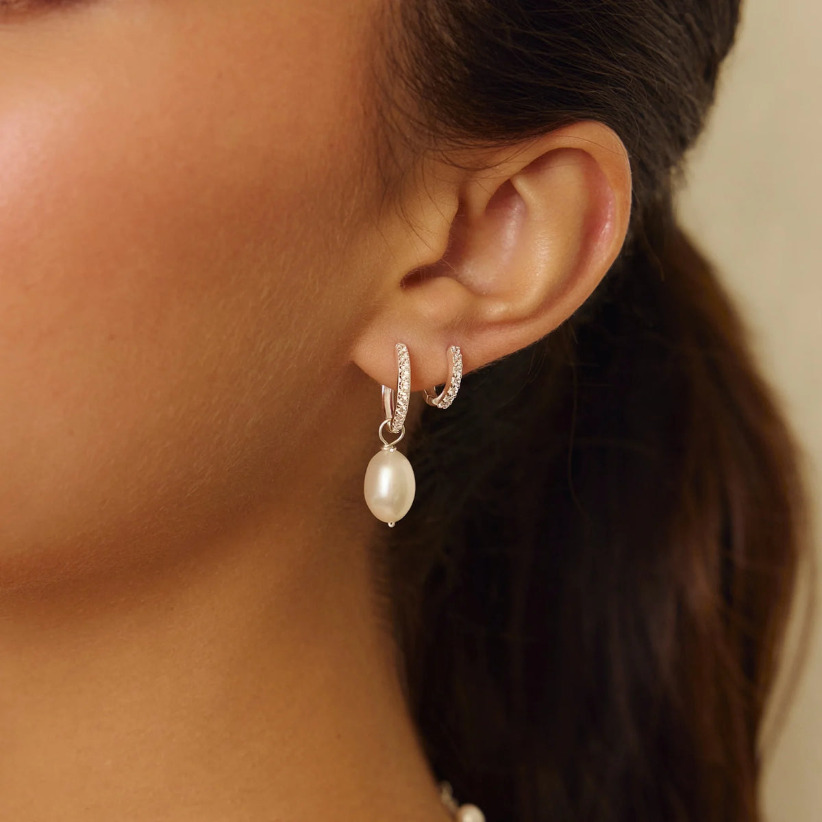Silver Diamond Style Large Pearl Drop Hoop Earrings