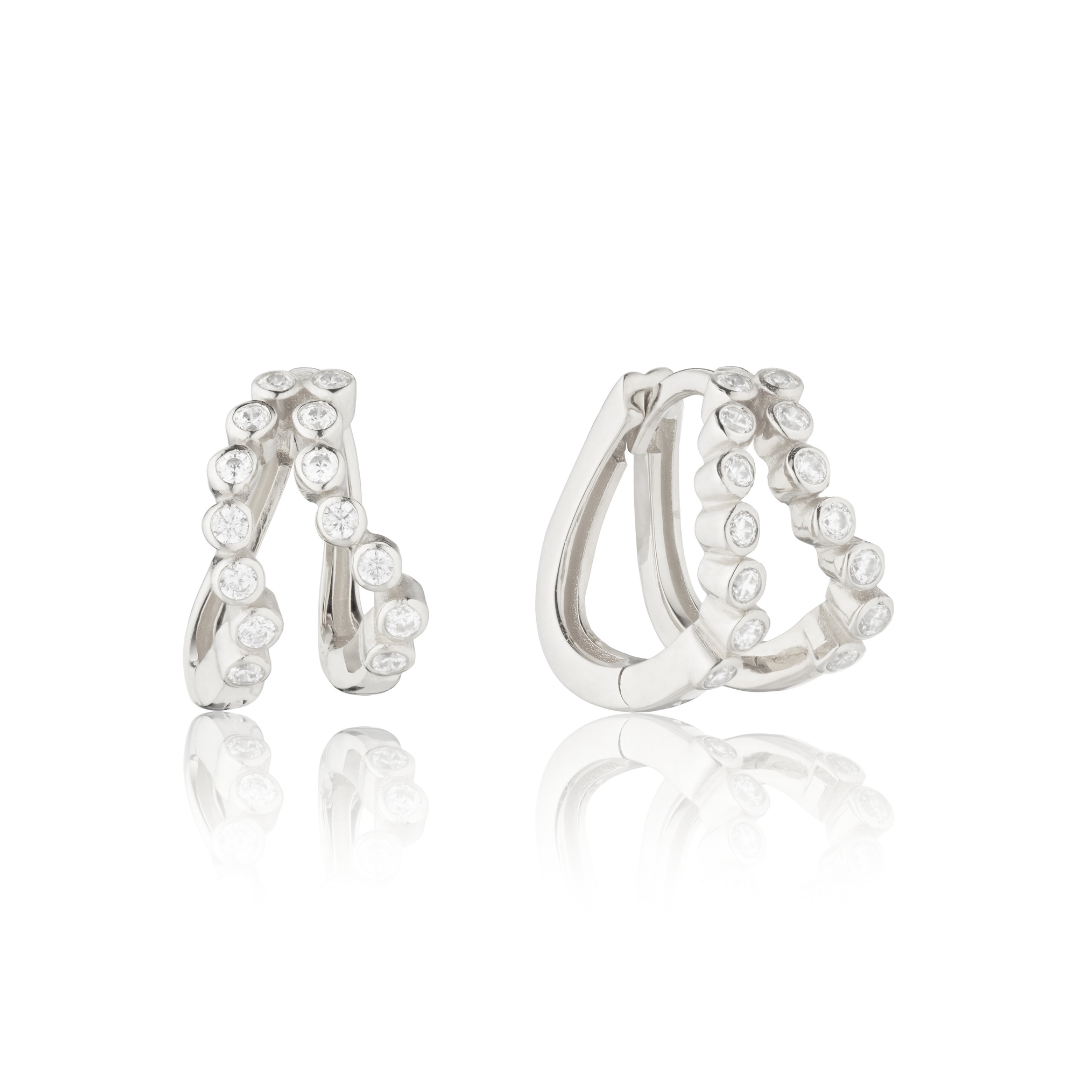 Silver Double Diamond Style Wave Huggie Hoops Earrings