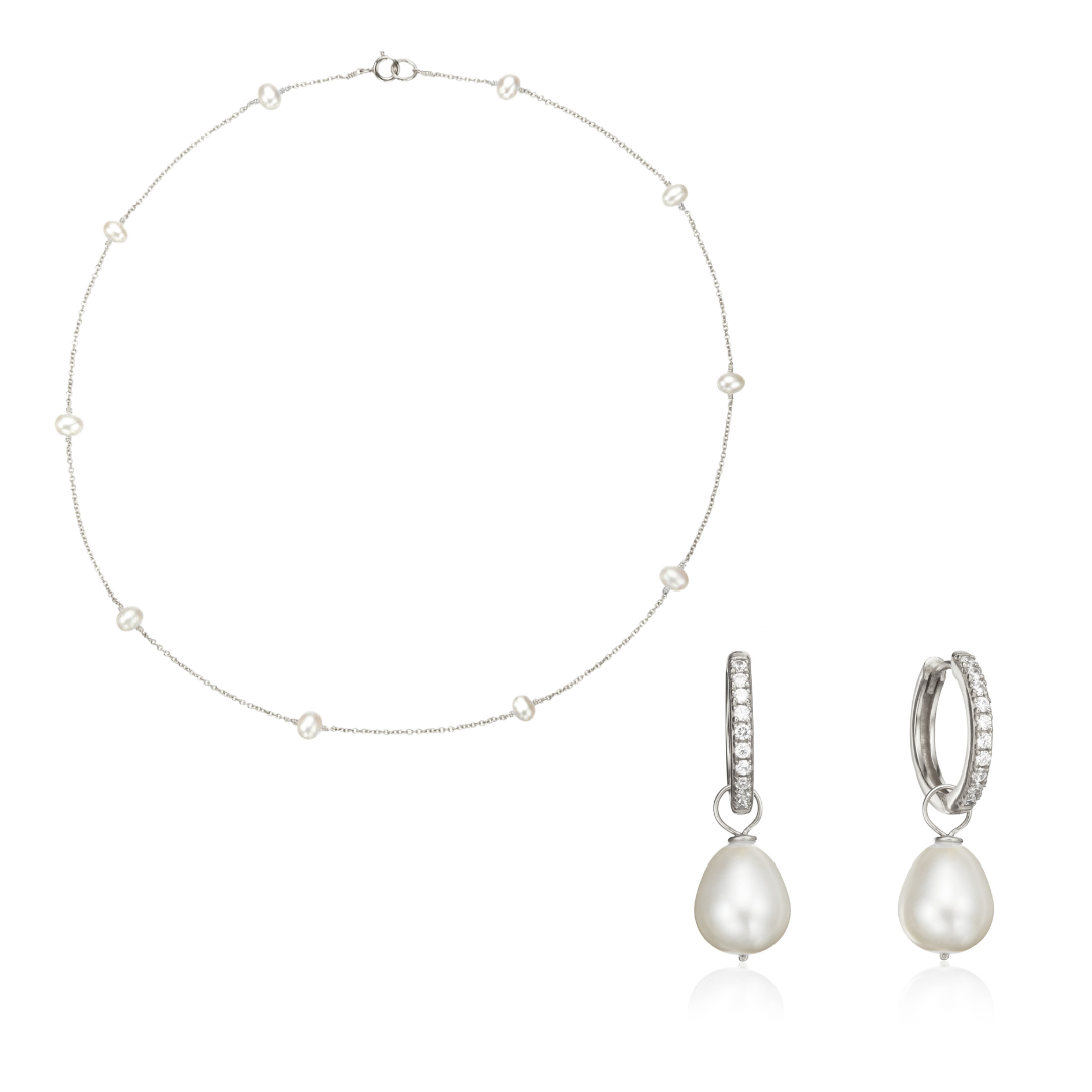Silver Diamond Style Large Pearl Hoops and Ten Pearl Choker Set
