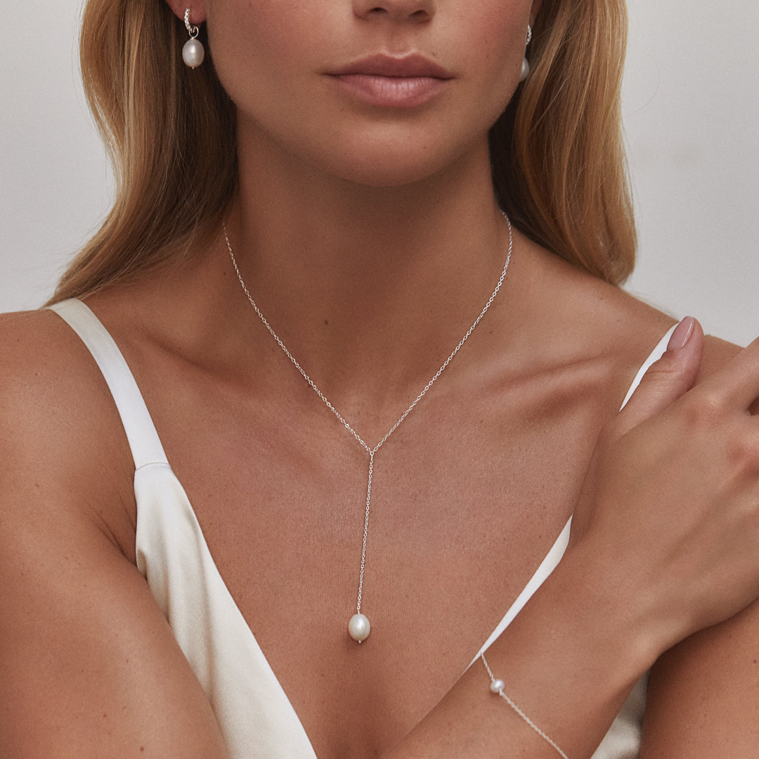 Silver Large Pearl Lariat Necklace