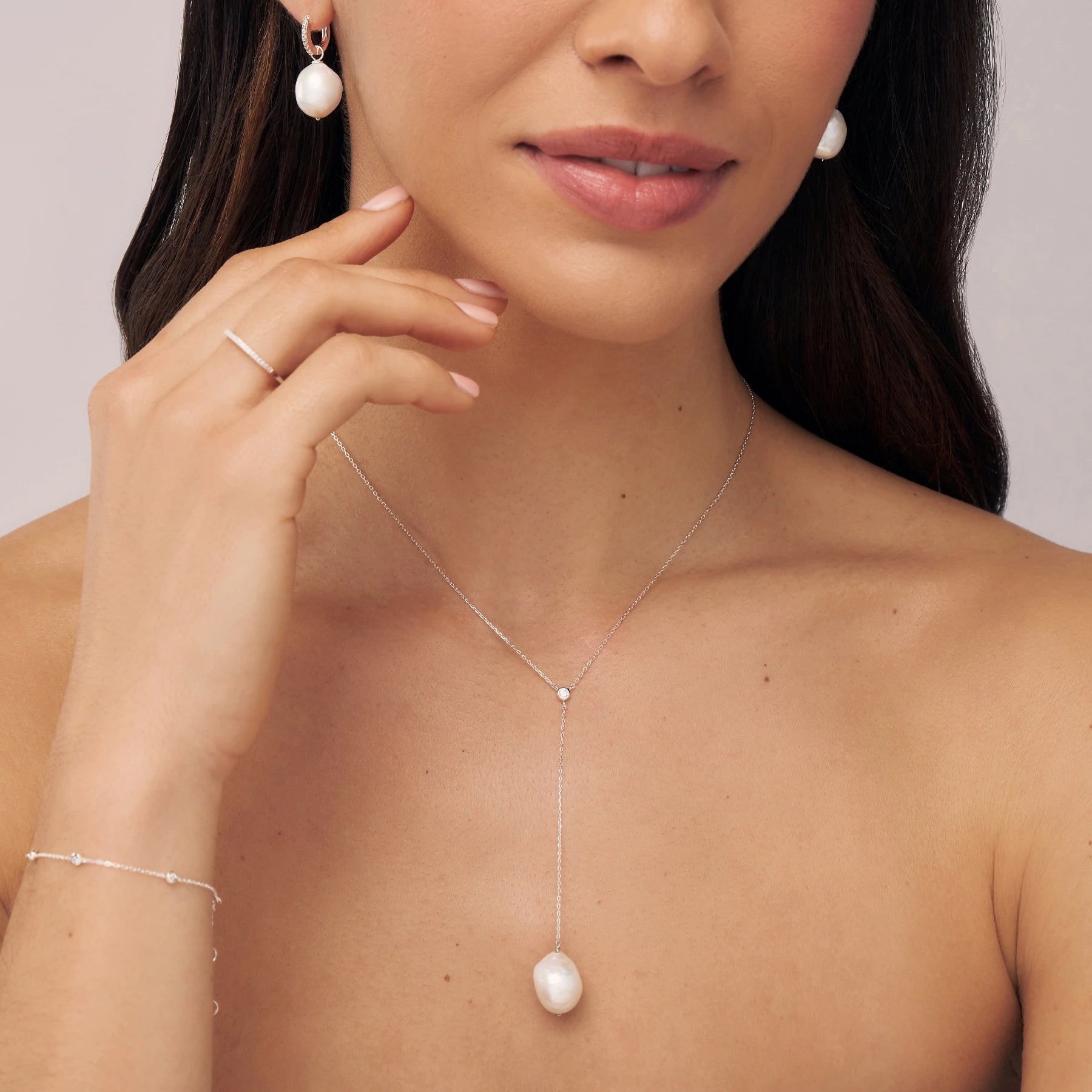 Silver Single Diamond Style Baroque Pearl Lariat Necklace