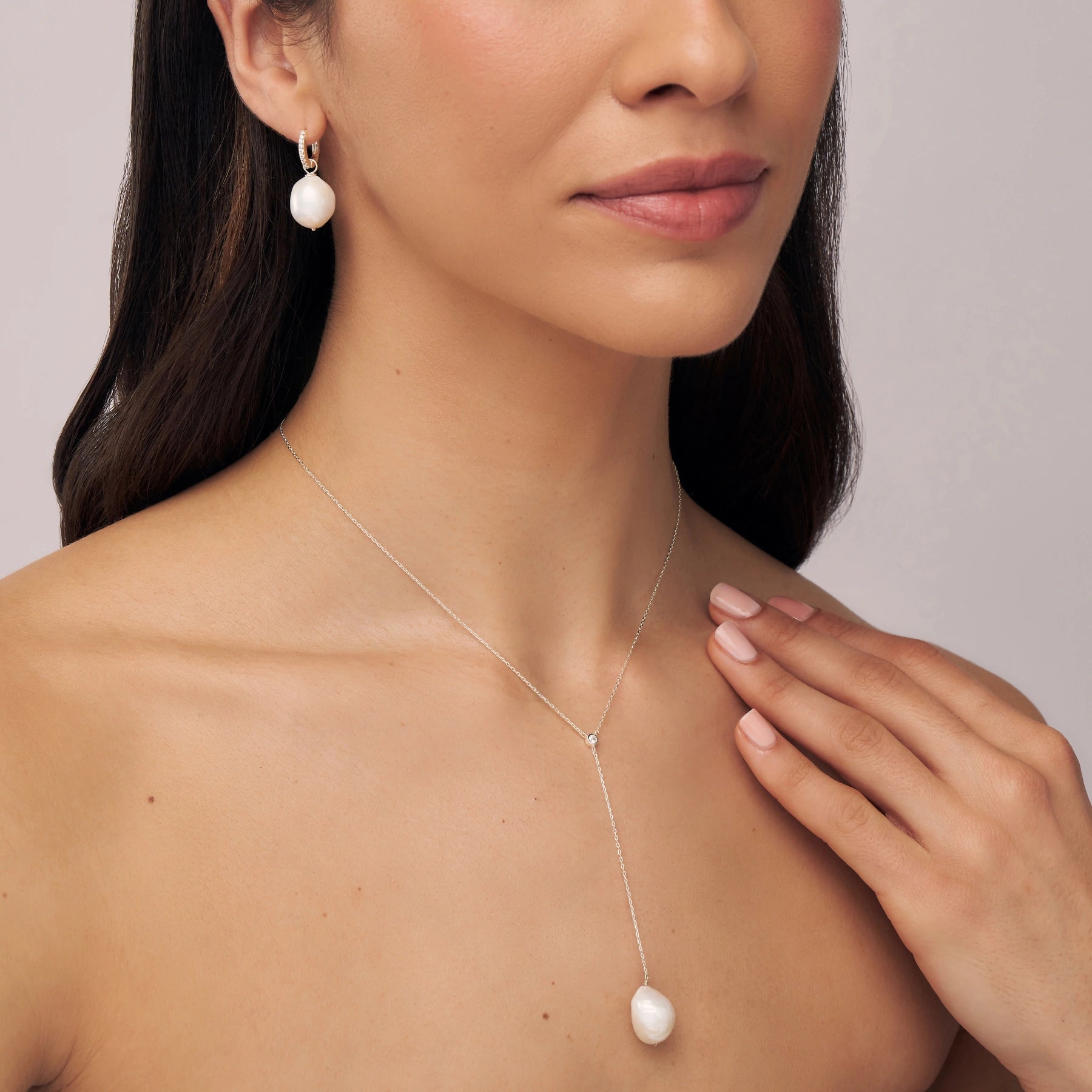 Silver Diamond Style Slim Baroque Pearl Drop Huggie Hoop Earrings