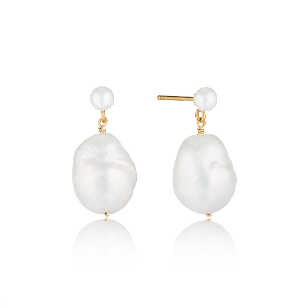 Gold Large Double Baroque Pearl Drop Stud Earrings