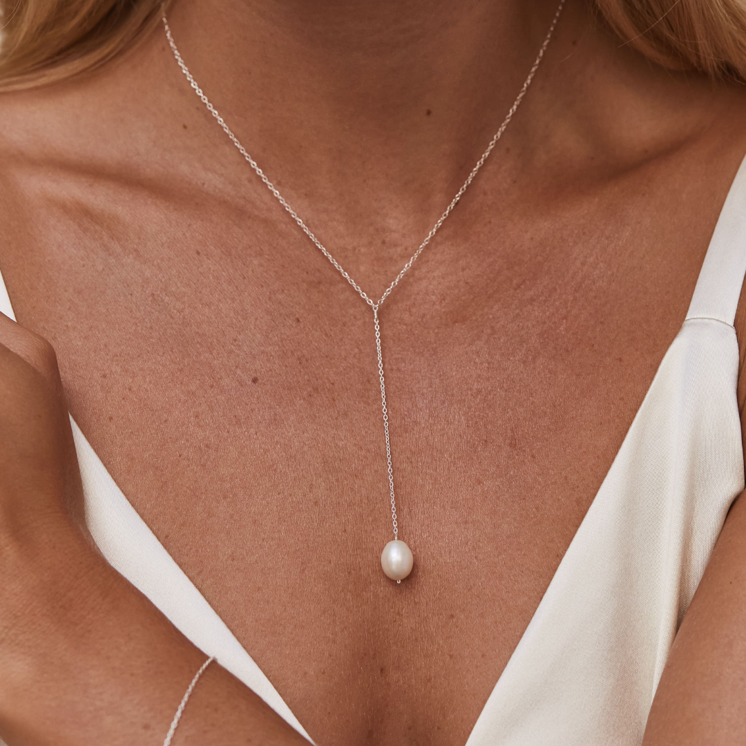 Silver Large Pearl Lariat Necklace