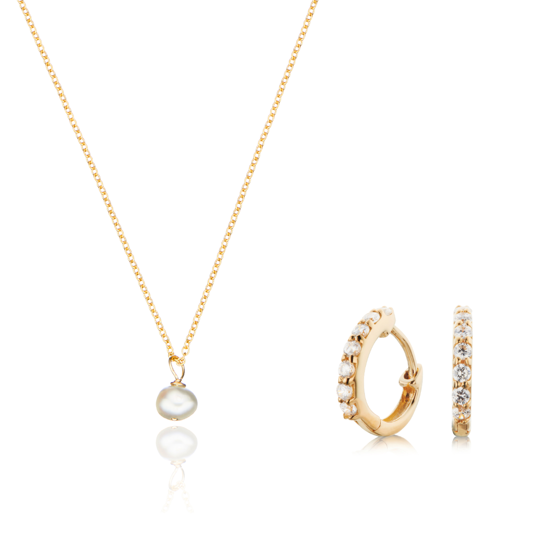 Gold Diamond Style Huggies and Single Pearl Necklace Set