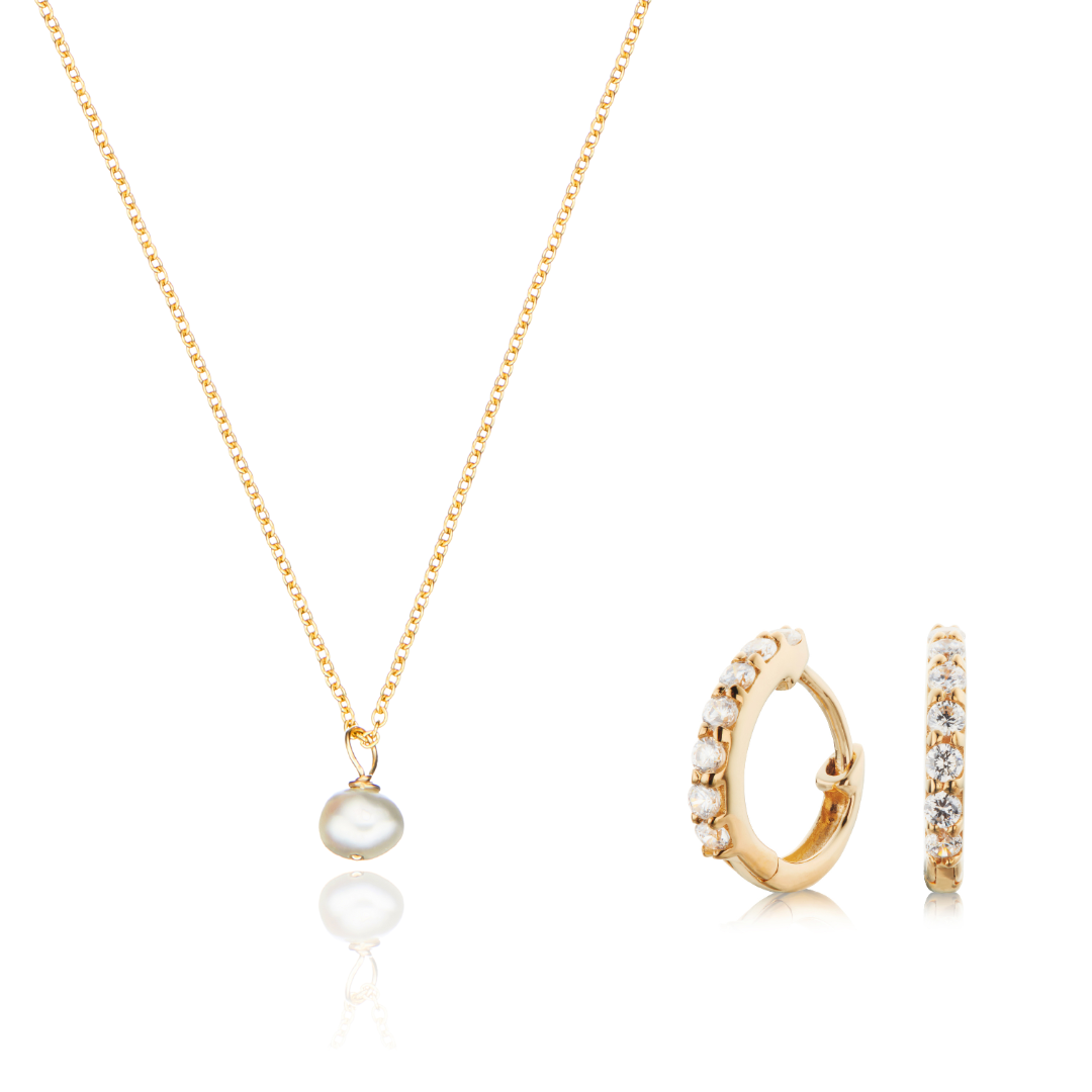 Gold Diamond Style Huggies and Single Pearl Necklace Gift Set