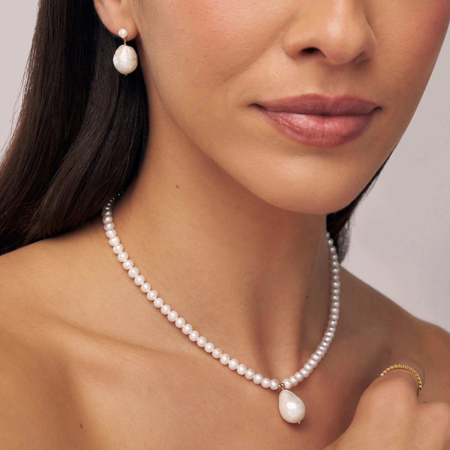 Gold Large Double Baroque Pearl Drop Stud Earrings