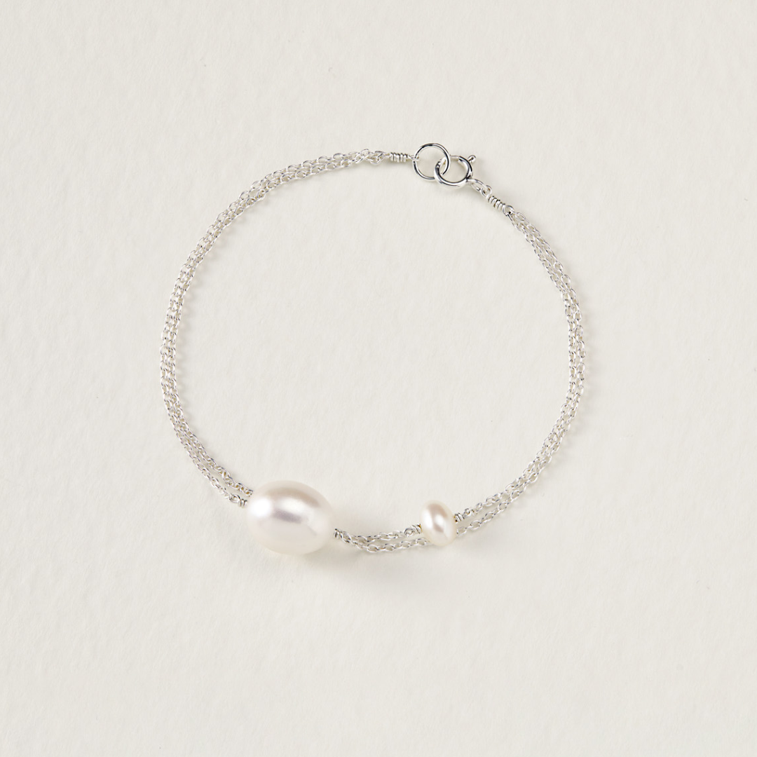 Solid White Gold Layered Large and Small Pearl Bracelet