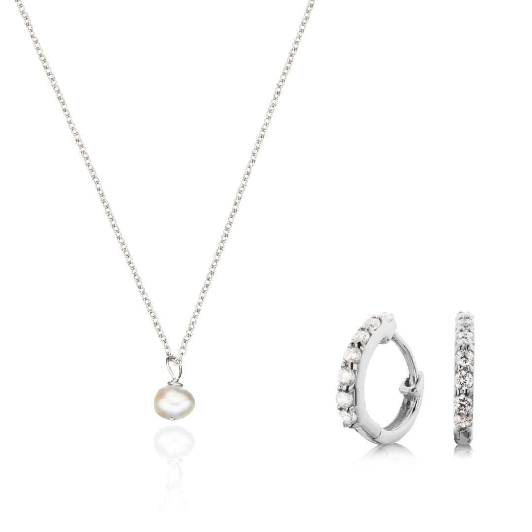 Silver Diamond Style Huggies and Single Pearl Necklace Set