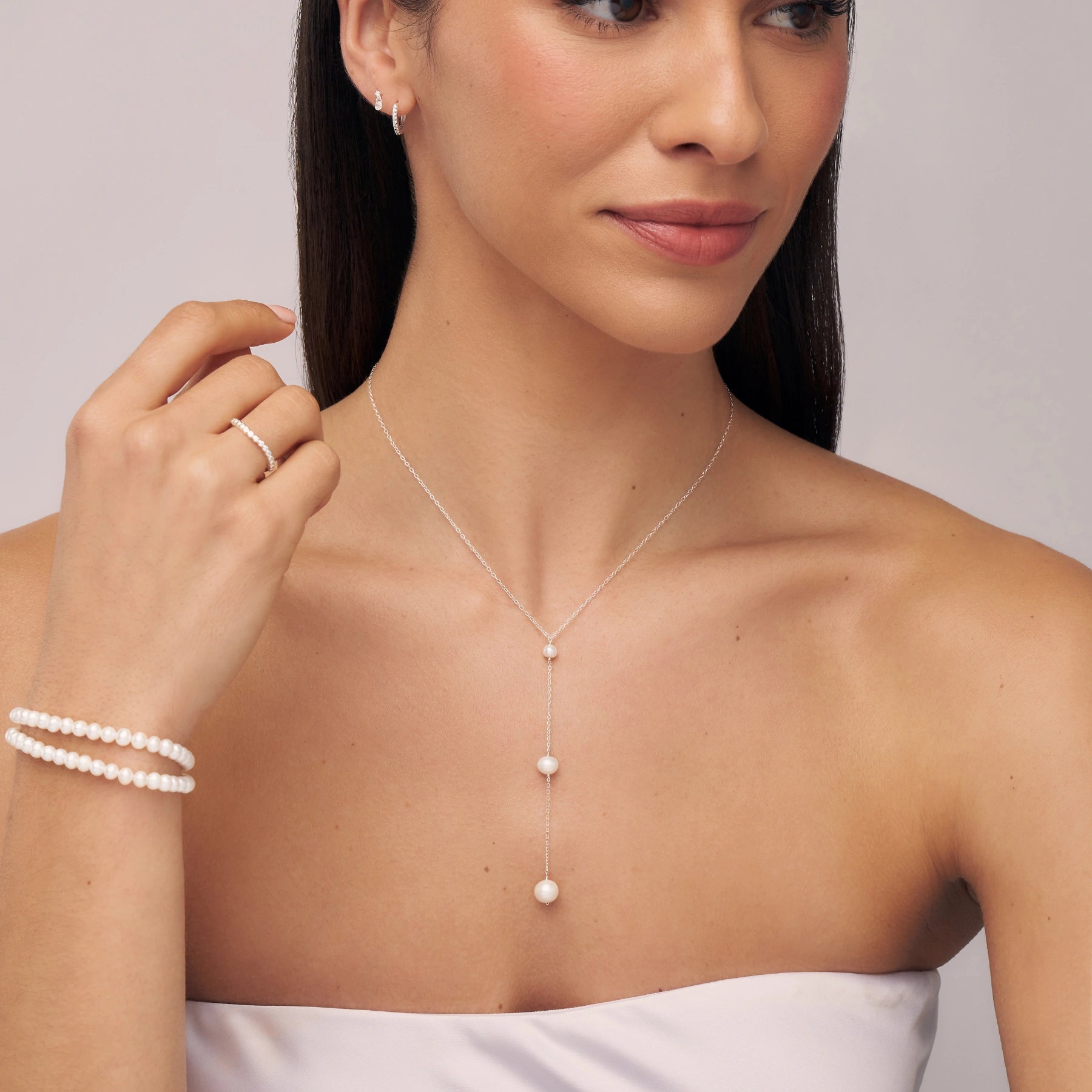 Solid White Gold Three Graduated Pearl Drop Lariat Necklace