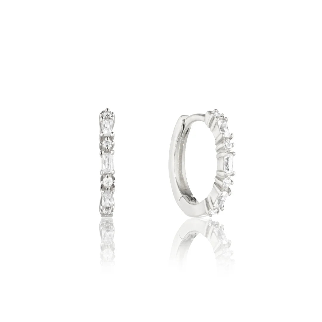 Silver Three Diamond Style Huggie Hoop Earrings