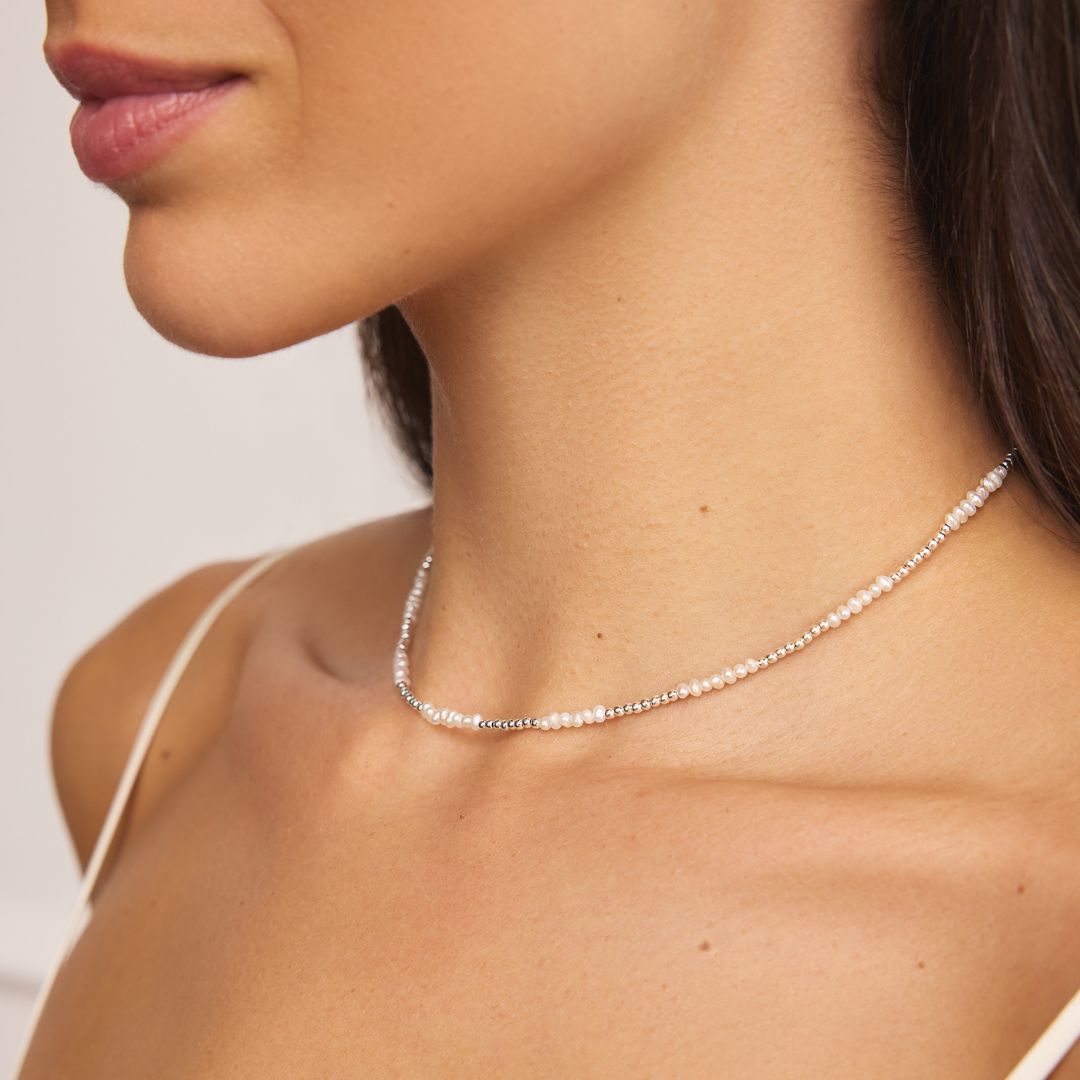 Silver Beaded Mini Pearl Choker