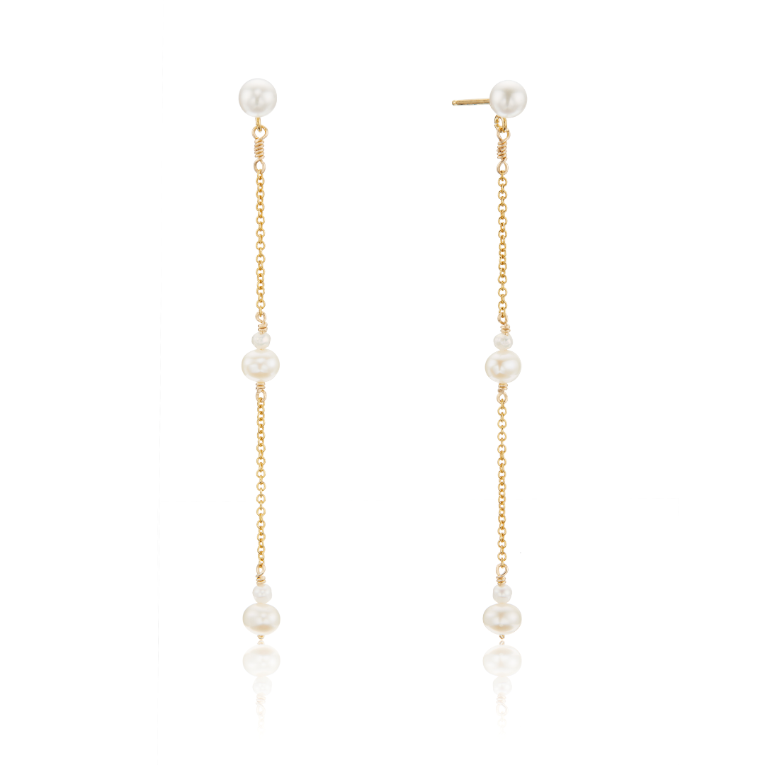 Gold Three Pearl Drop Earrings