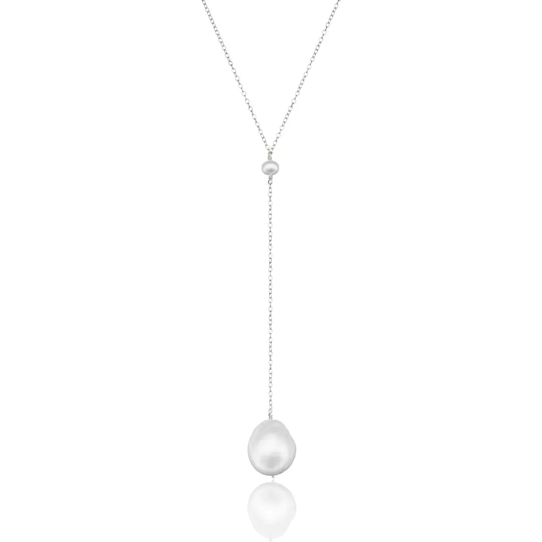 Silver Large Baroque Pearl Lariat Necklace