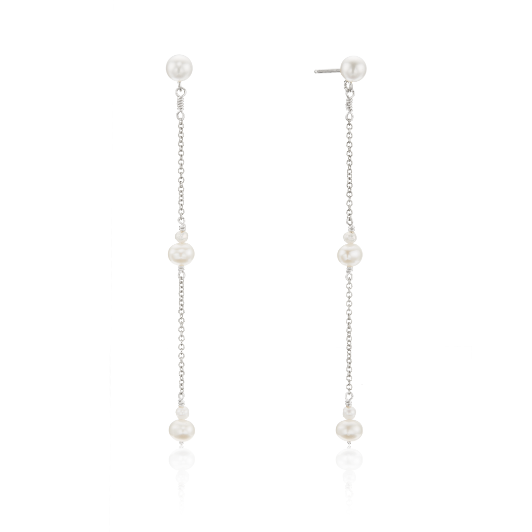 Silver Three Pearl Drop Earrings