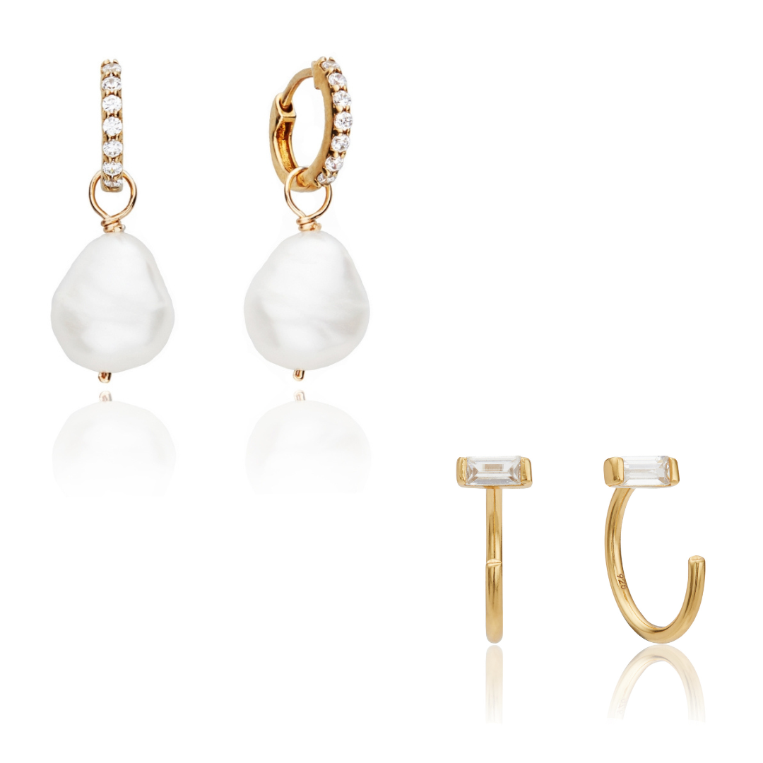 Gold Pearl Drop Huggies and Diamond Style Lobe Earrings Set