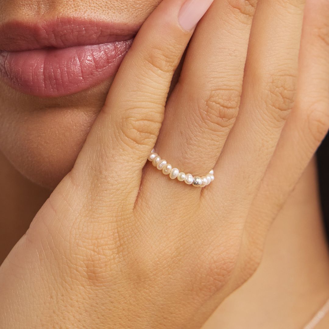 Silver Small Pearl Beaded Ring