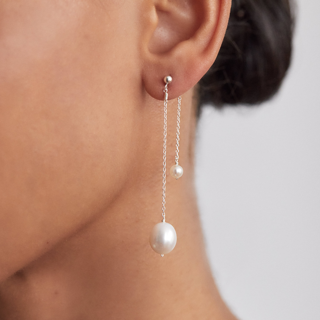 Solid White Gold Layered Large and Small Pearl Earrings