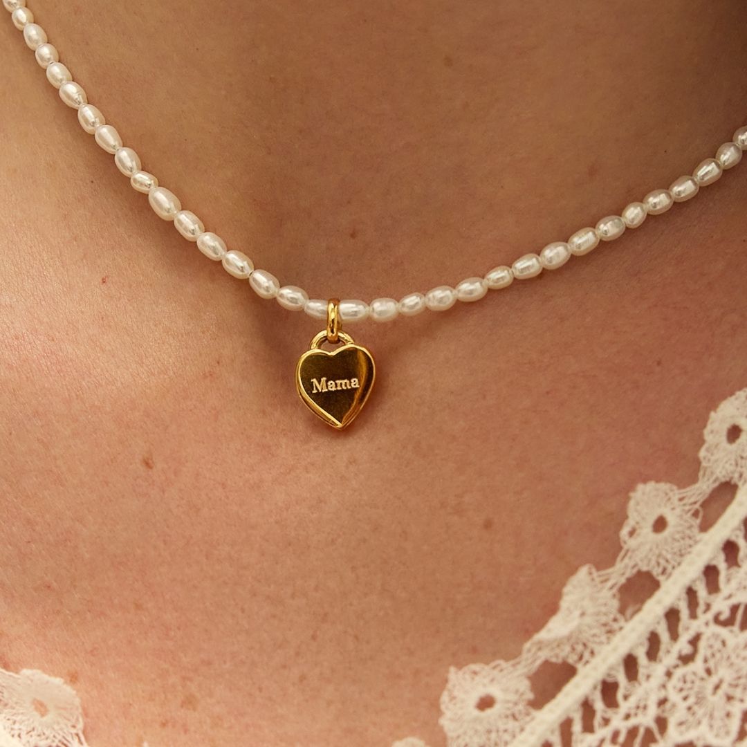 Silver Seed Pearl Engraved Heart Necklace