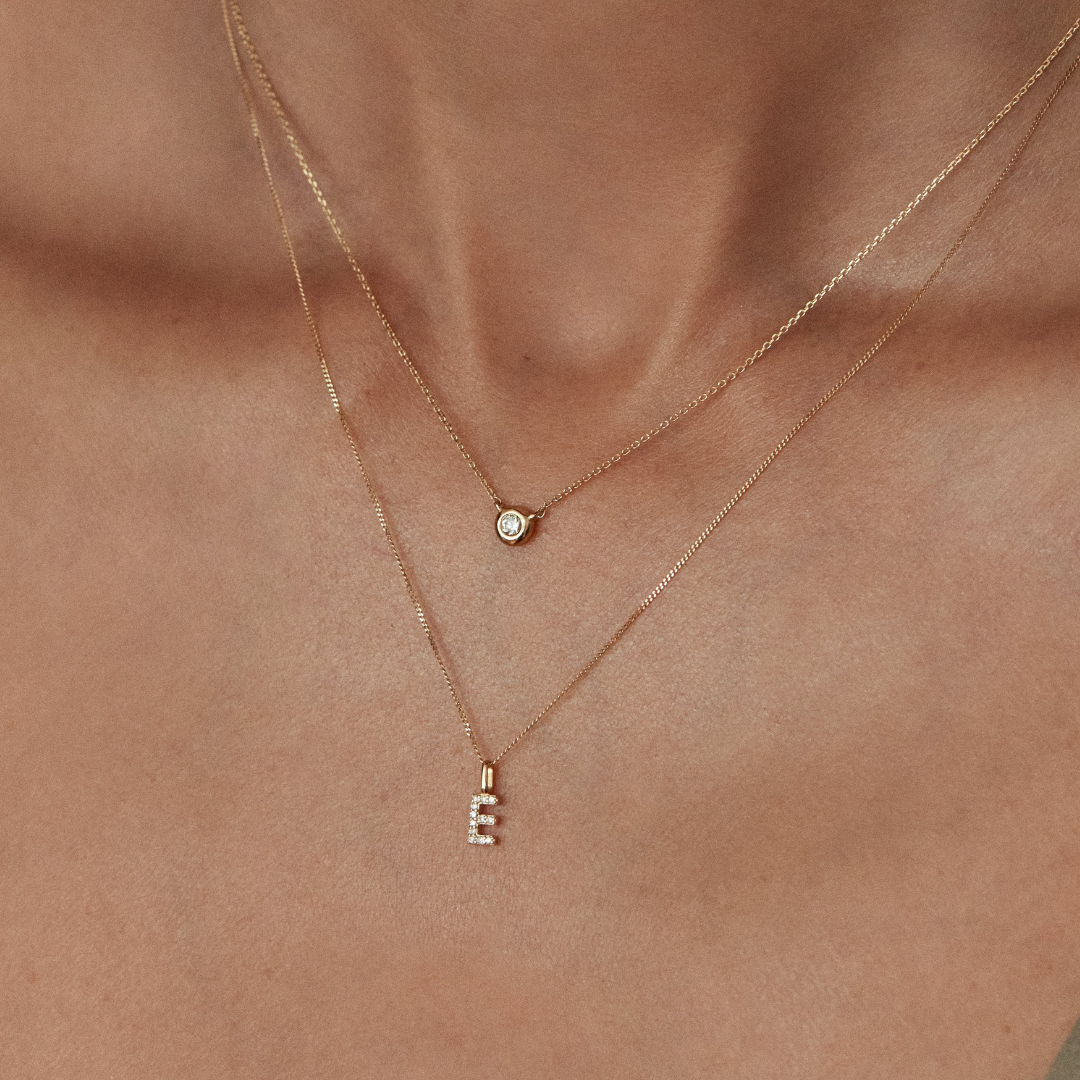 Solid Gold Genuine Diamond Initial Letter Necklace