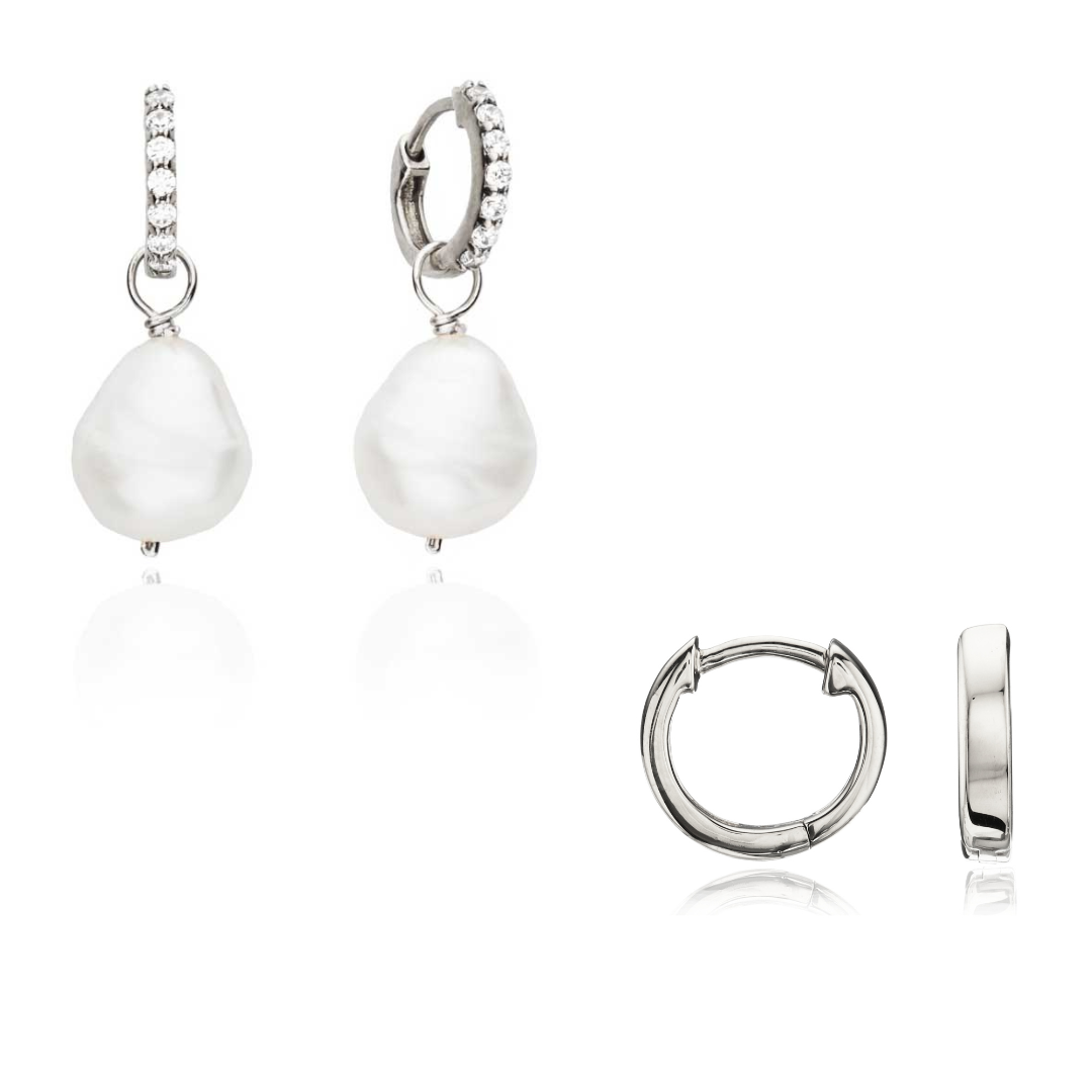 Silver Pearl Drop Huggies and Plain Huggies Earrings Set