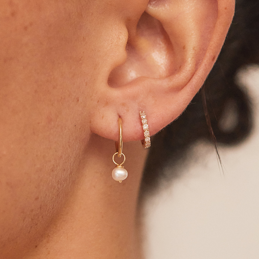 Silver Diamond Style Huggies and Small Pearl Drop Hoop Earrings Set