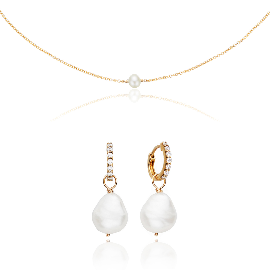 Gold Pearl Drop Huggies and Single Pearl Choker Set