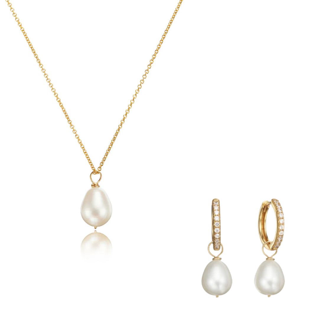Gold Diamond Style Large Pearl Hoops and Large Pearl Necklace Gift Set