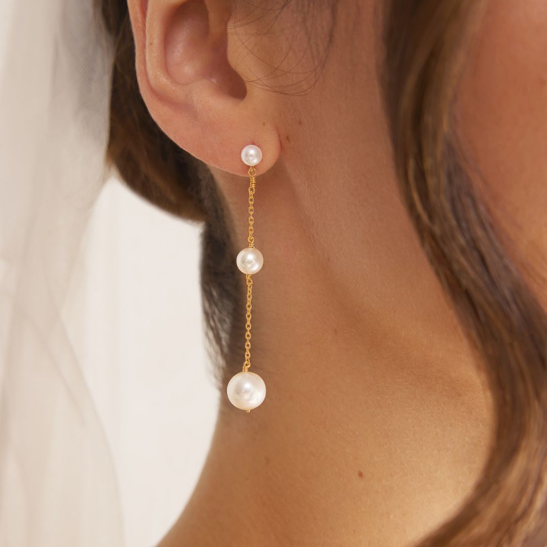 Gold Three Graduated Pearl Drop Earrings