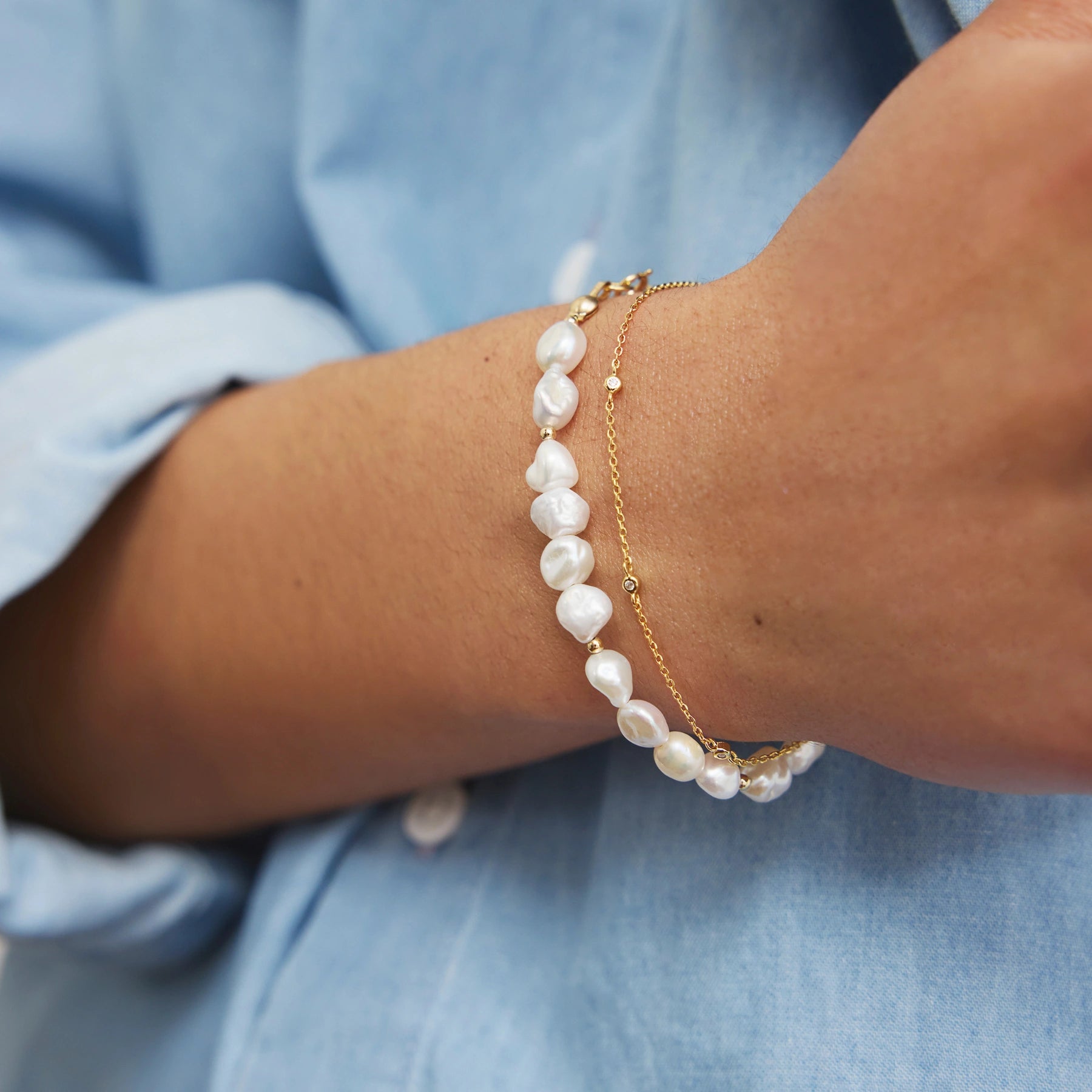 Silver Beaded Baroque Pearl Bracelet