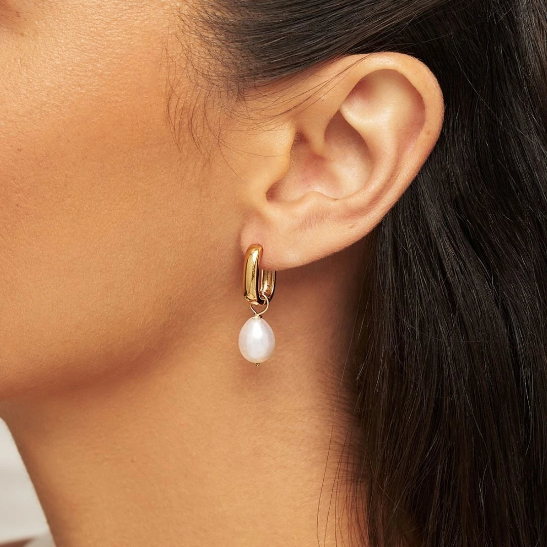 Gold Thick Squared Hoop Pearl Drop Earrings