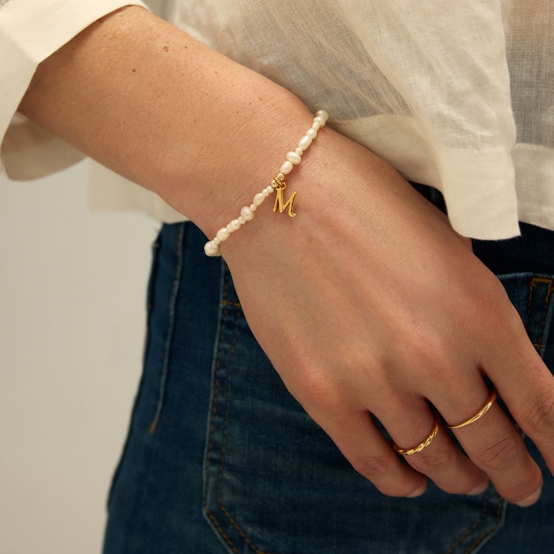 Gold Pearl Initial Letter Bracelet