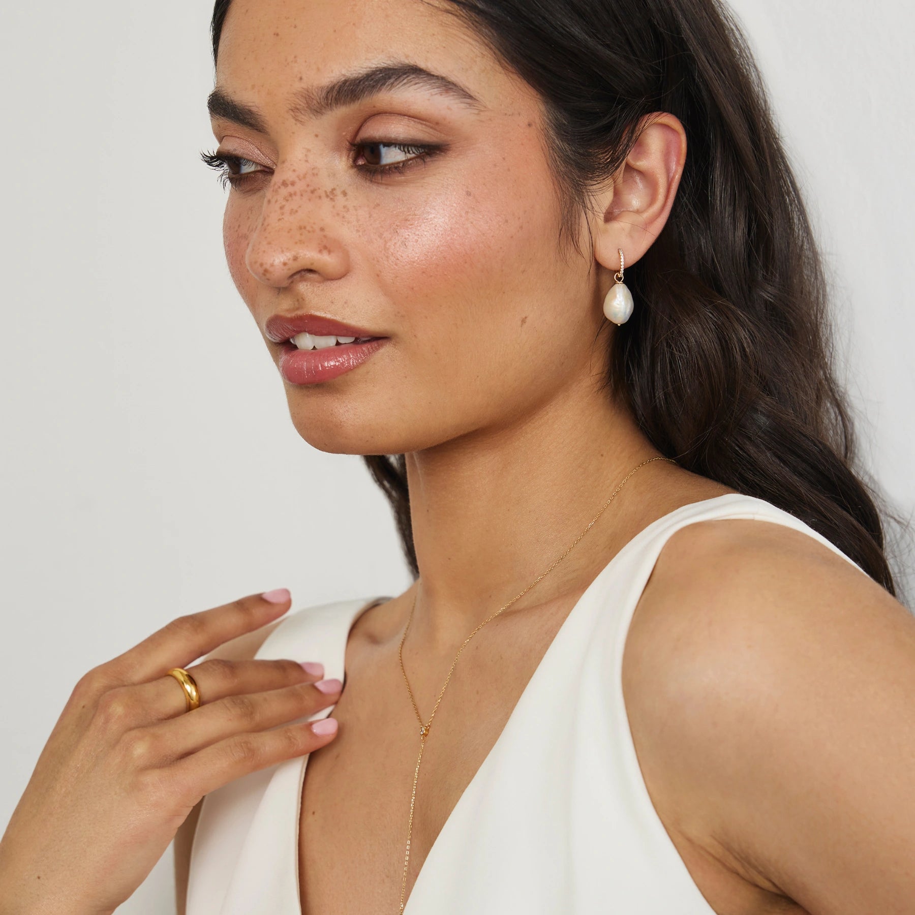Gold Diamond Style Slim Baroque Pearl Drop Huggie Hoop Earrings