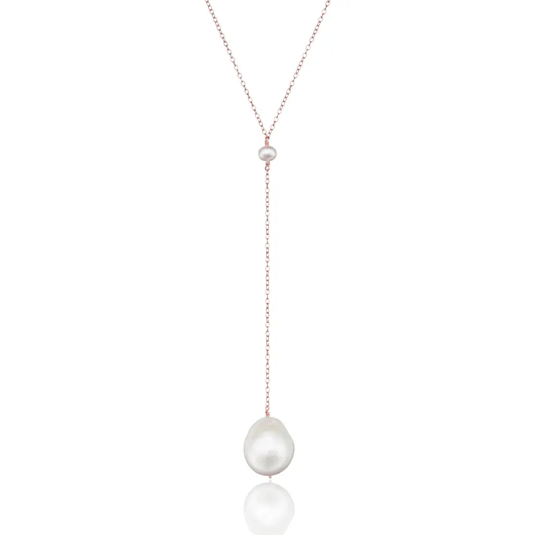 Rose Gold Large Baroque Pearl Lariat Necklace