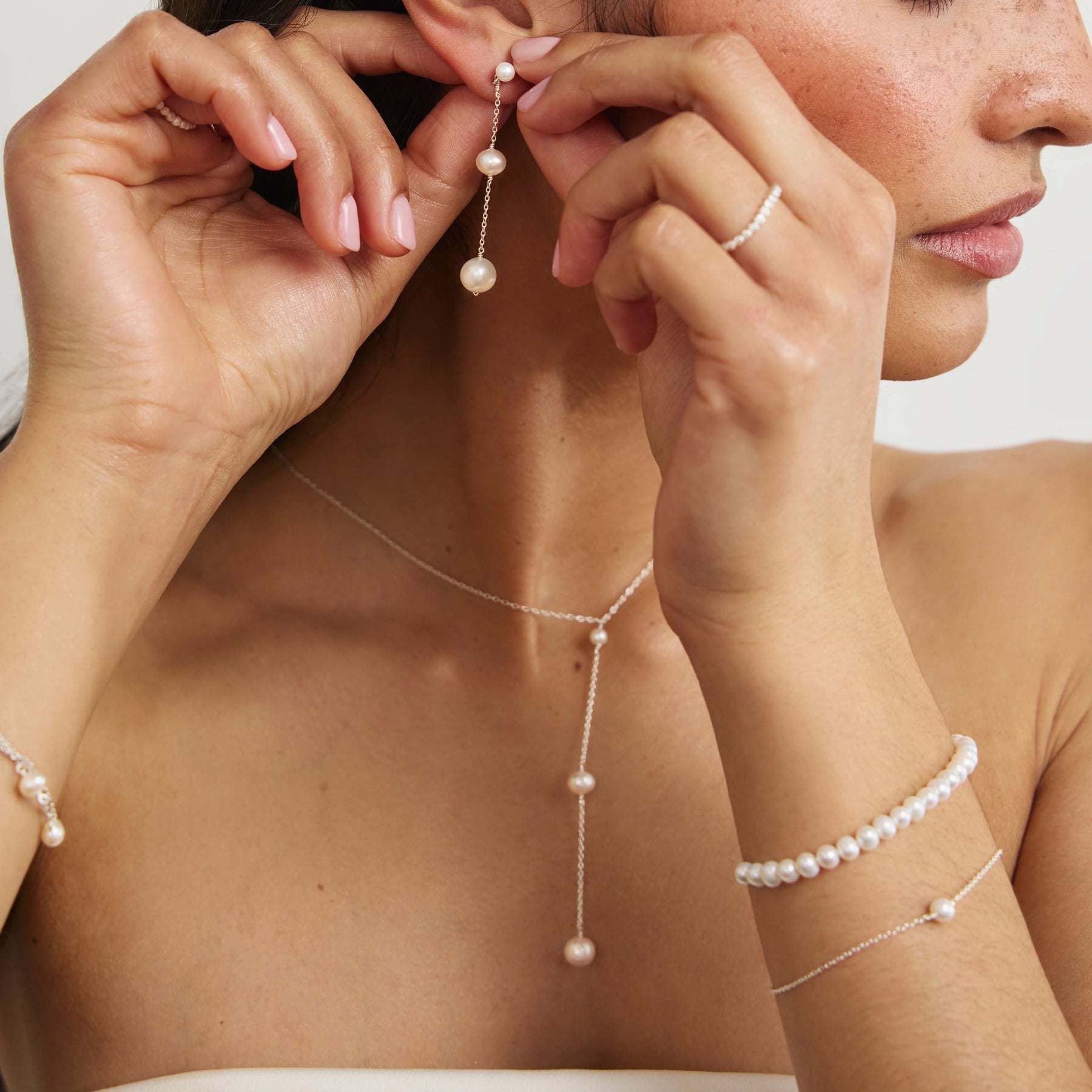 Rose Gold Three Graduated Pearl Drop Lariat Necklace