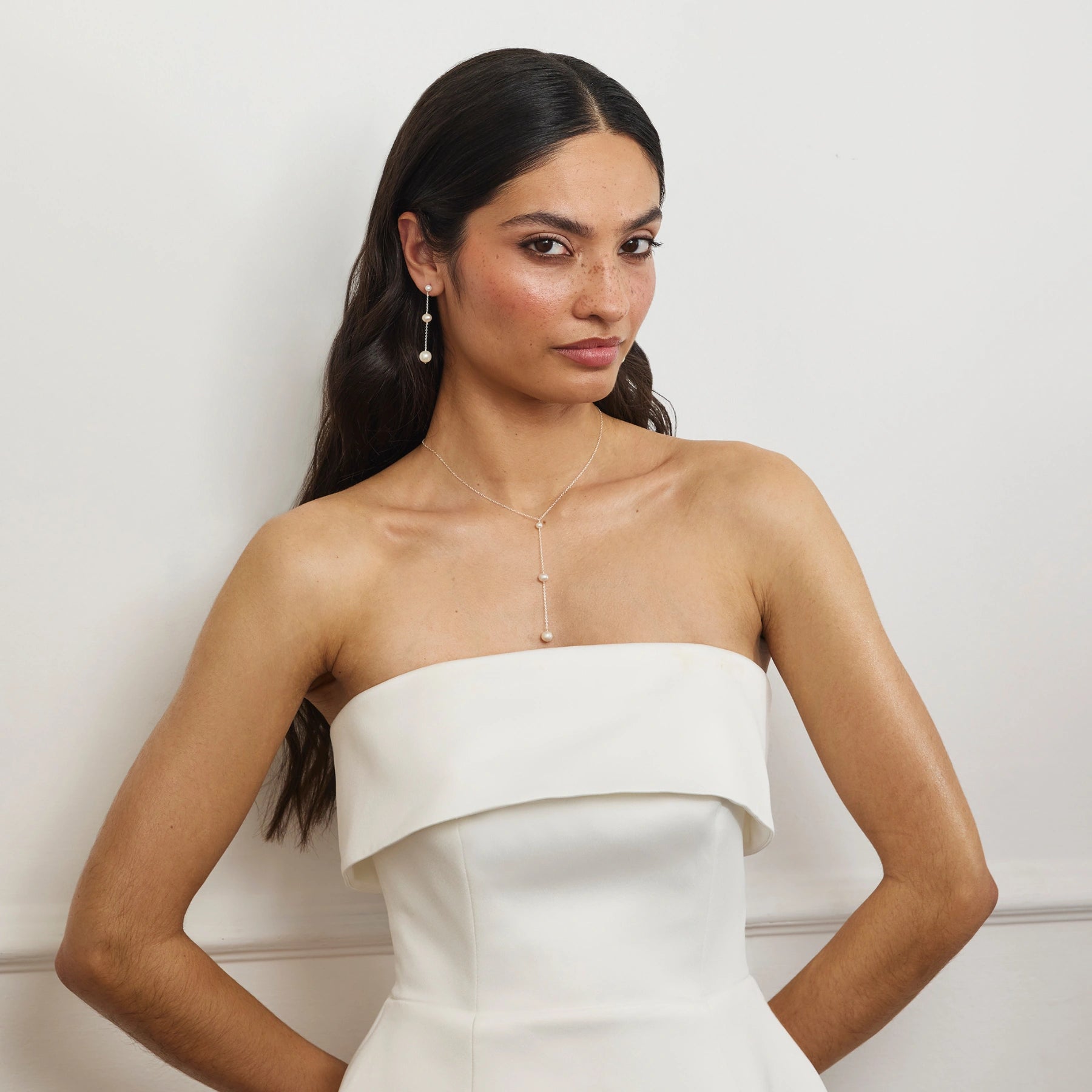 Gold Three Graduated Pearl Drop Lariat Necklace