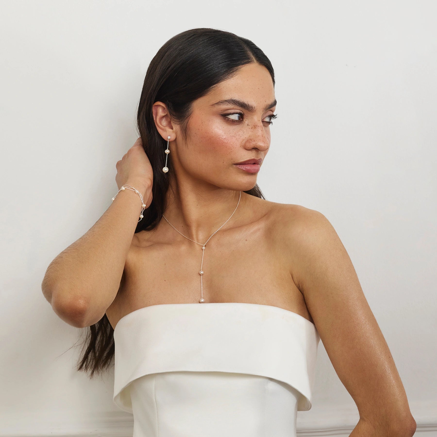 Rose Gold Three Graduated Pearl Drop Lariat Necklace