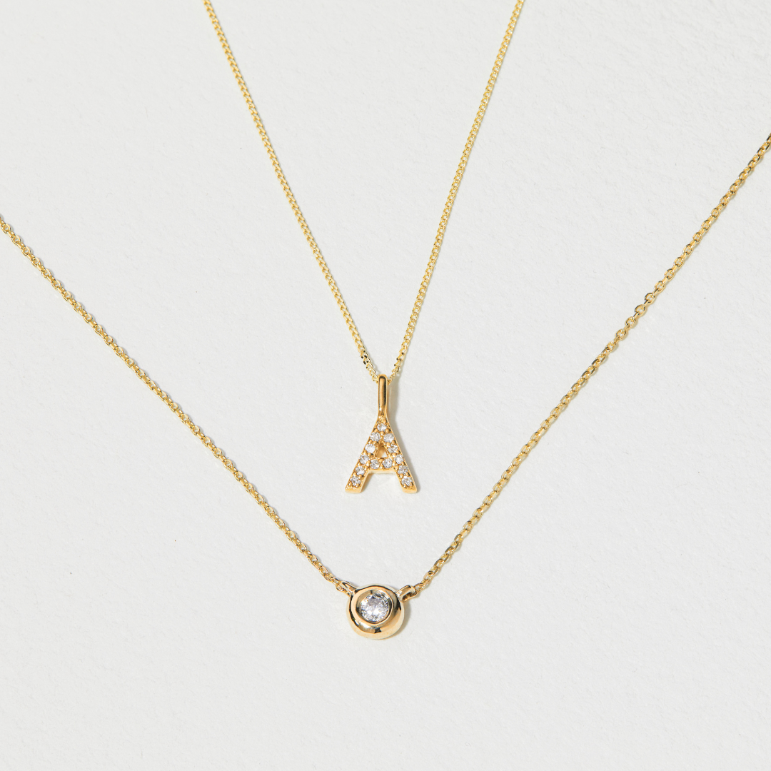 Solid Gold Genuine Diamond Initial Letter Necklace
