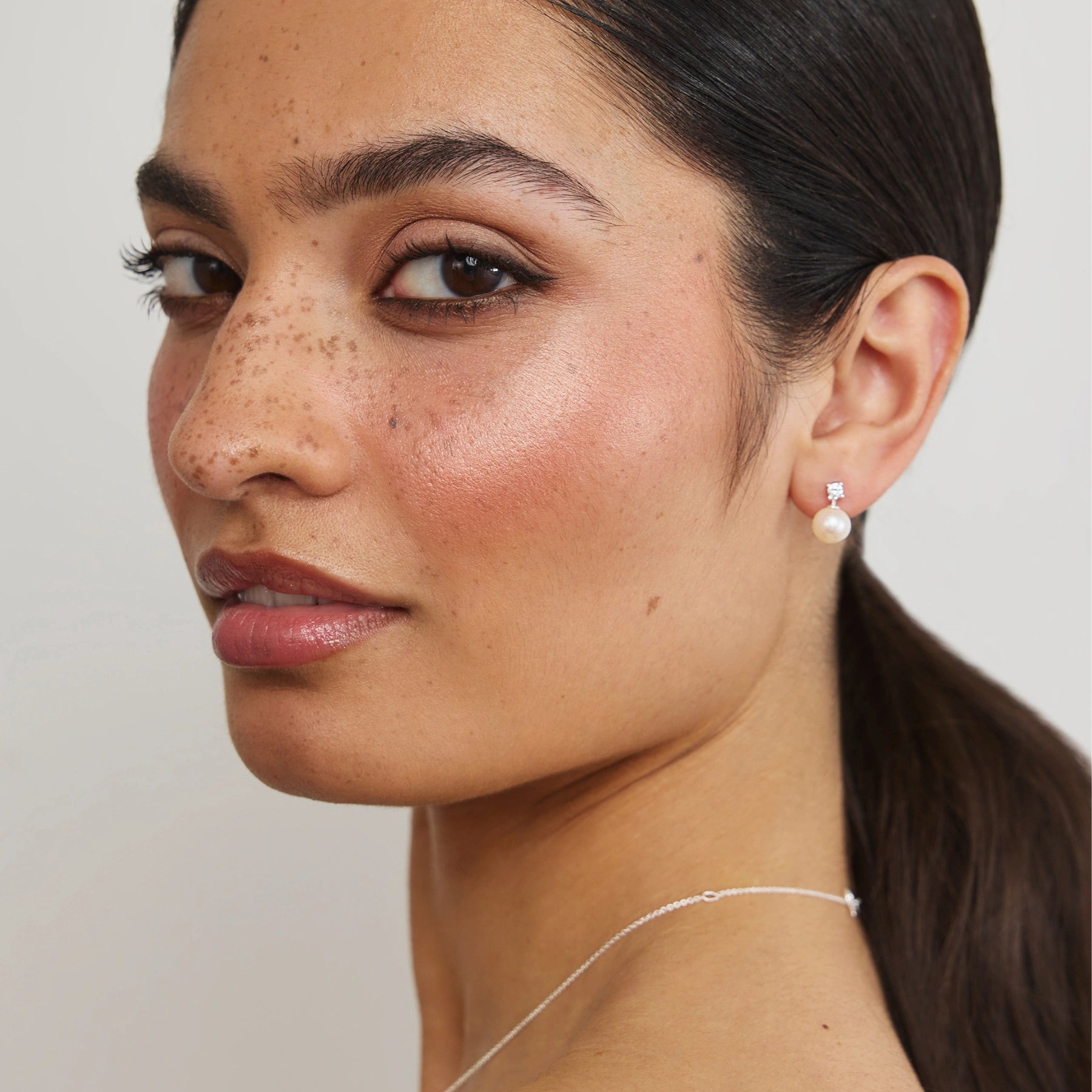 Silver Diamond Style and Pearl Stud Earrings