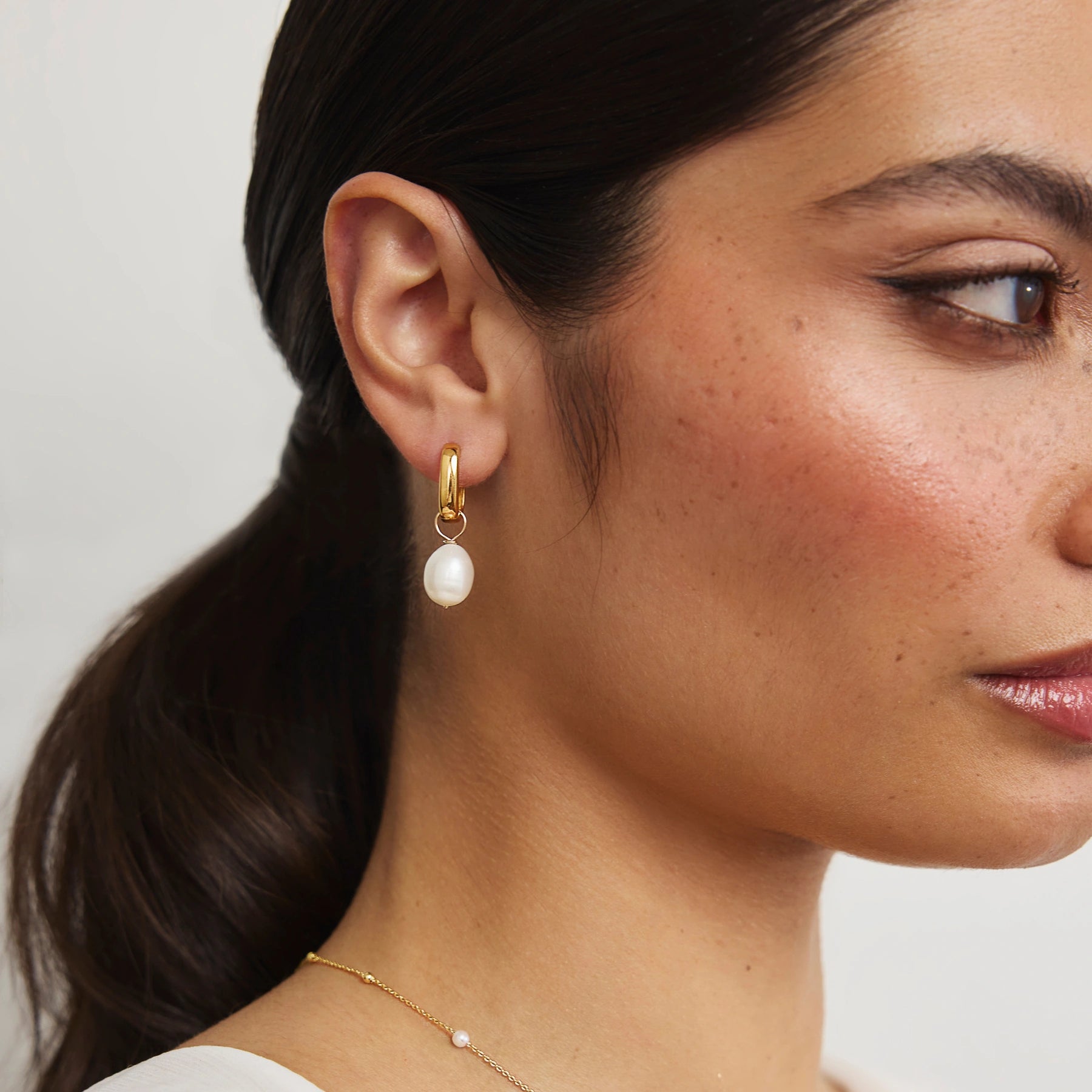 Gold Thick Squared Hoop Pearl Drop Earrings