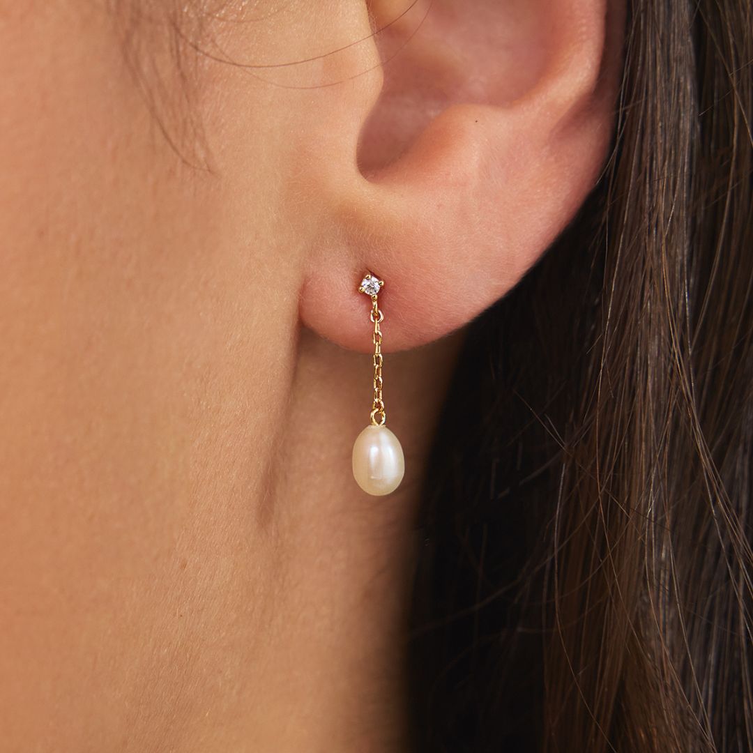 Gold Diamond Style Pearl Drop Stud Earrings