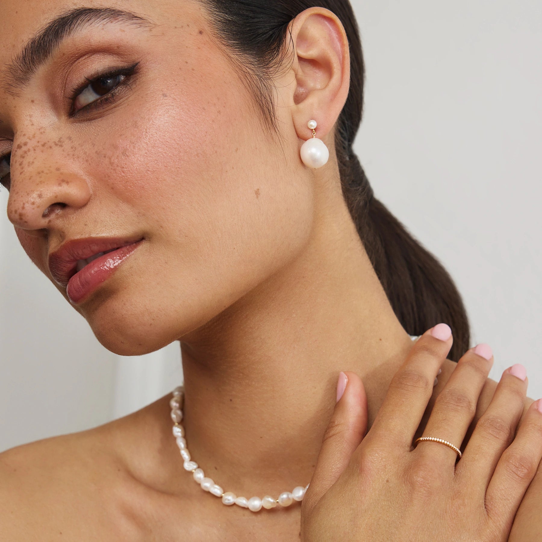 Gold Large Double Baroque Pearl Drop Stud Earrings