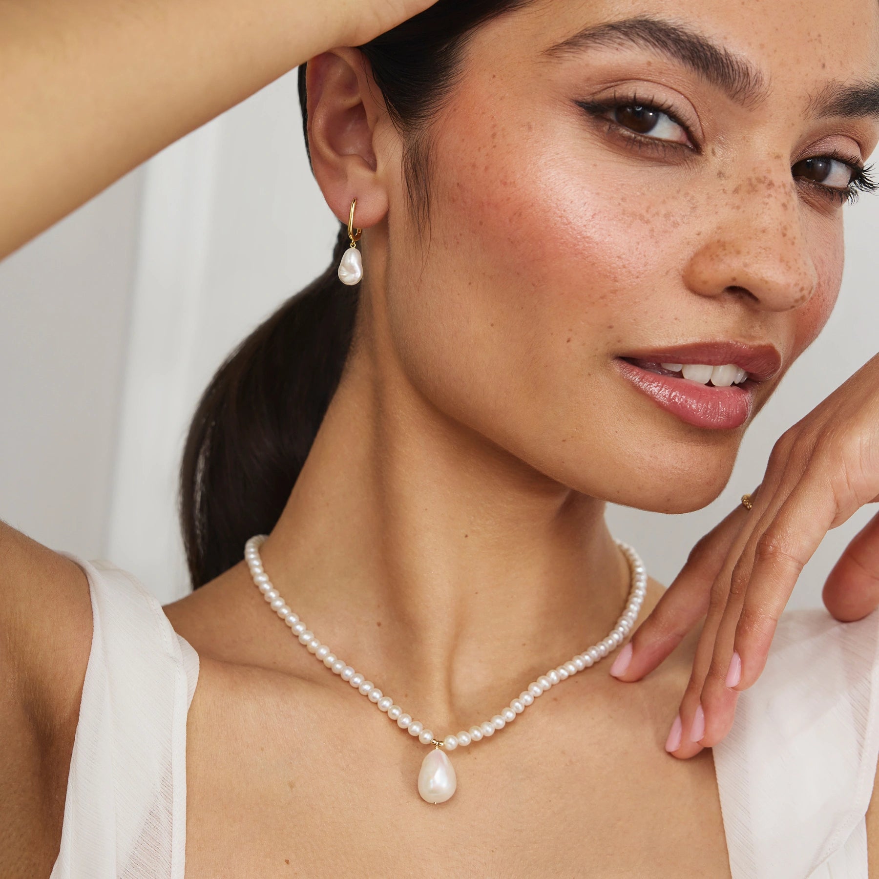 Gold Squared Hoop Baroque Pearl Drop Earrings