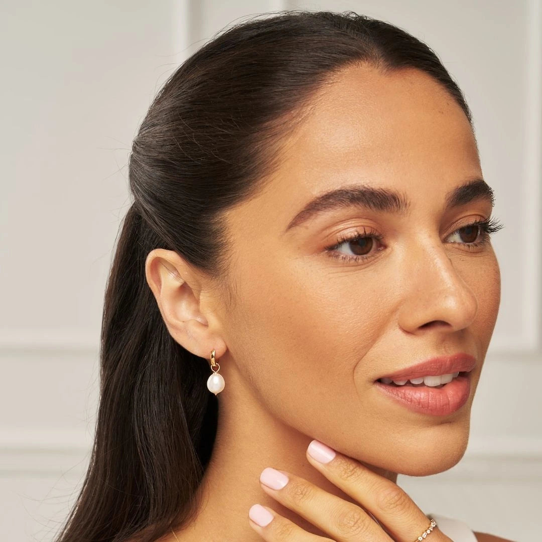 Gold Plain Huggie Pearl Drop Hoop Earrings