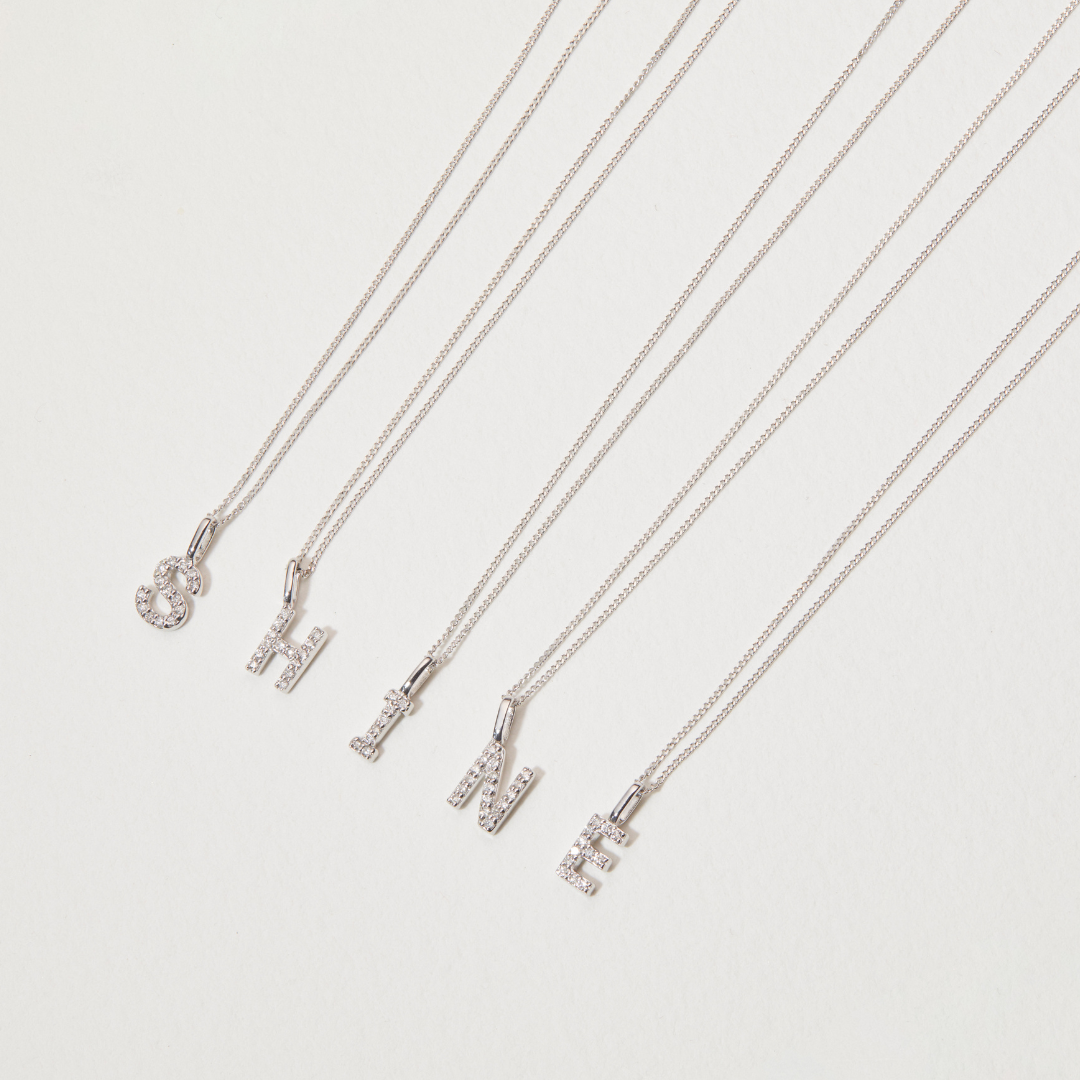 Solid White Gold Genuine Diamond Initial Letter Necklace