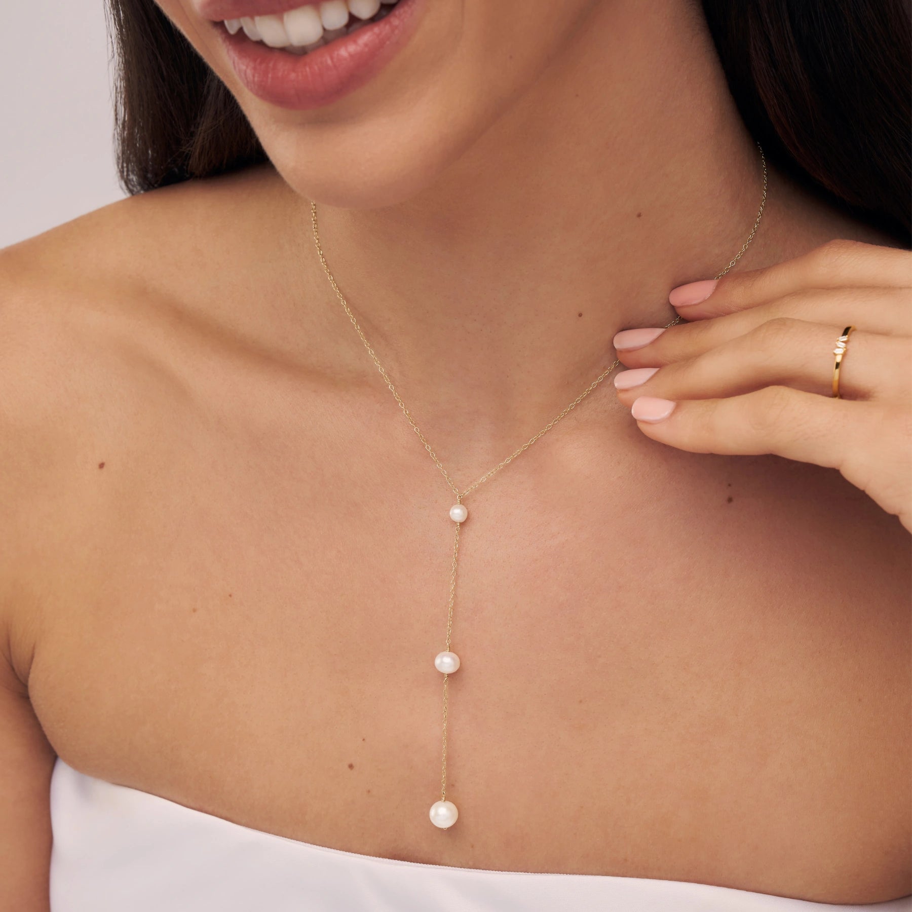 Gold Three Graduated Pearl Drop Lariat Necklace