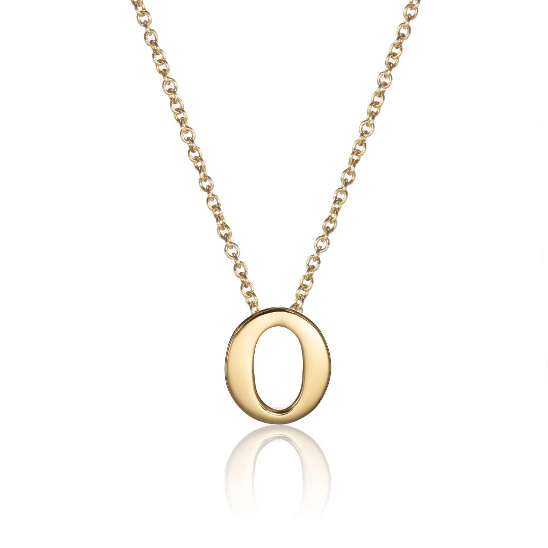 Gold necklace with a letter 'O' pendant on a white background
