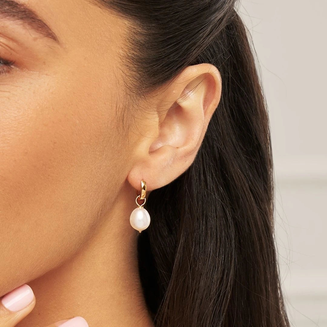 Gold Plain Huggie Pearl Drop Hoop Earrings