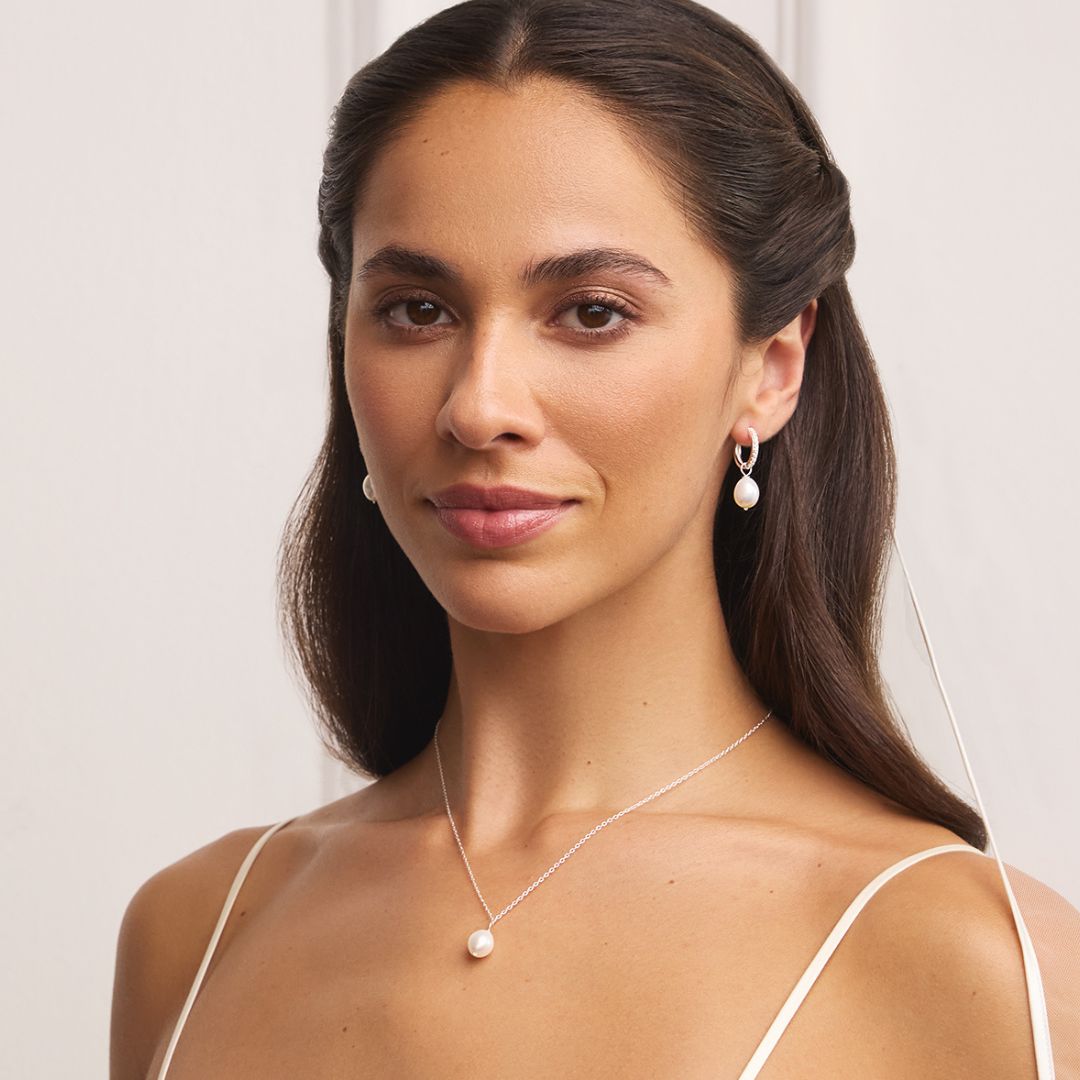 Solid White Gold Genuine Diamond Style Large Pearl Drop Hoop Earrings