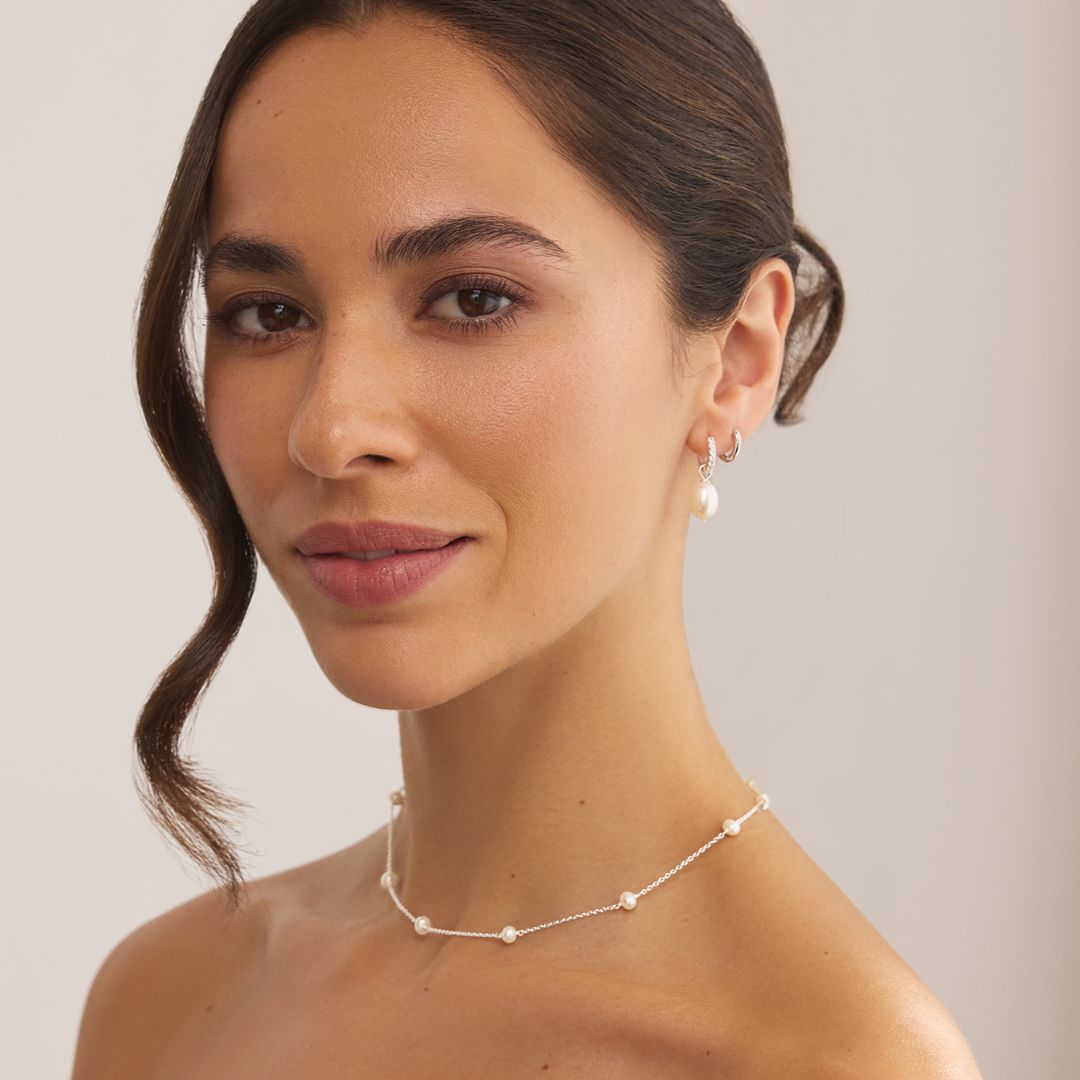 Silver Pearl Drop Huggies and Ten Pearl Choker Gift Set